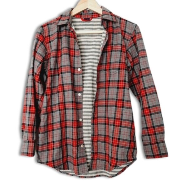 GAP Utility Sleeve Lined Plaid Button-Up Shirt Top Red Gray Kids Youth Sz XL - Picture 1 of 15